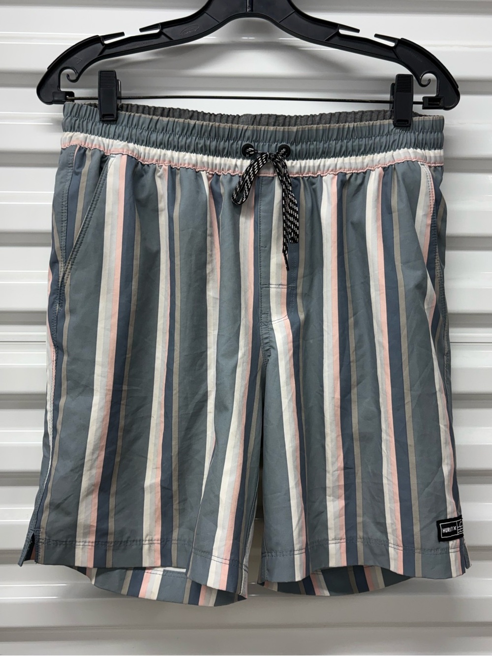 Hurley Men's Striped Swim Trunks Size M Gray White Pink Tan Machine Washable